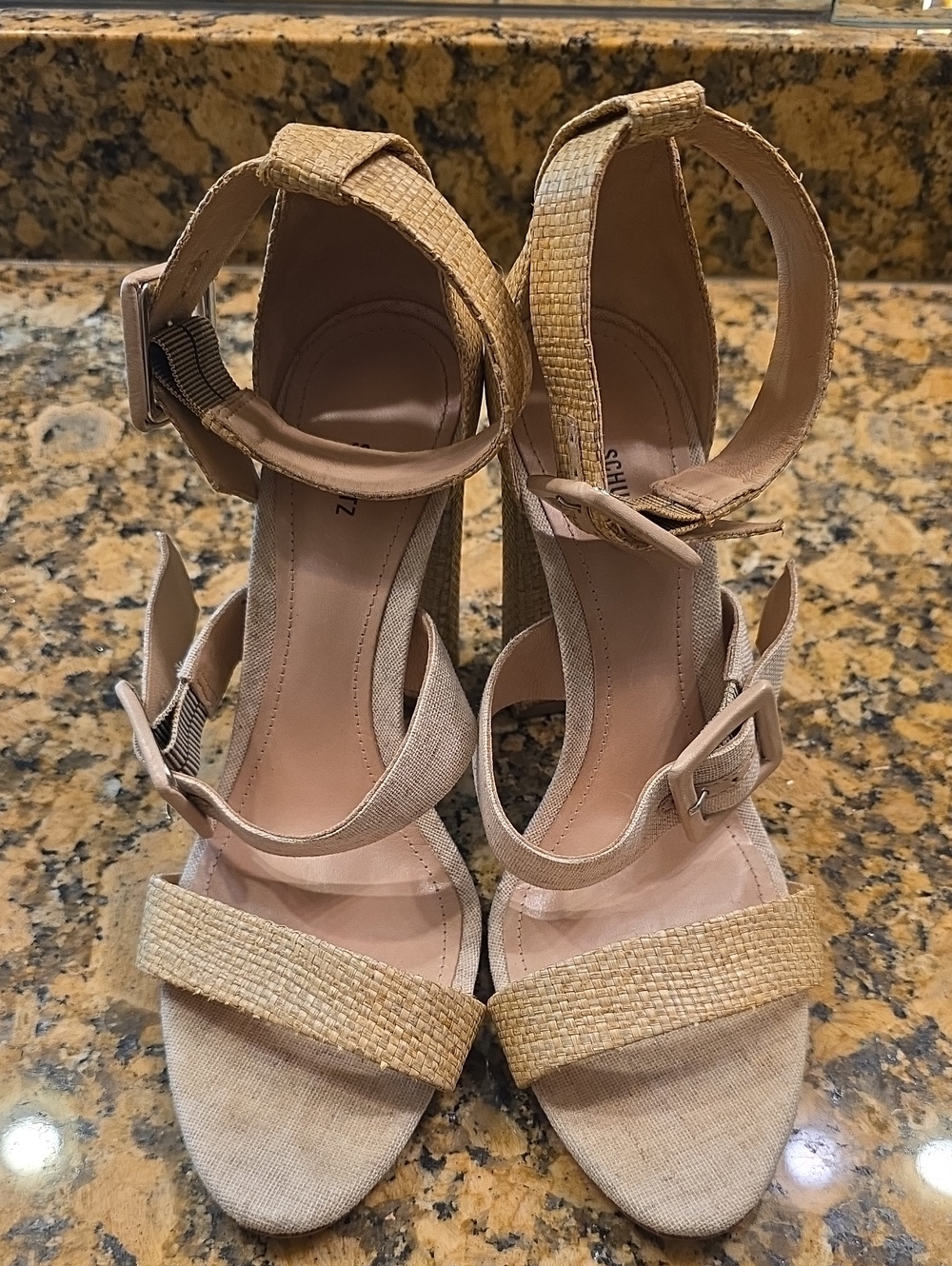 SCHUTZ Beige Strappy Woven Ankle-Heel Sandals